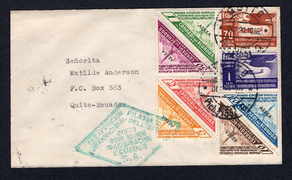 ECUADOR - 1936 - COMMEMORATIVES & EXHIBITION MAIL: Cover franked on front & reverse with the complete 1936 'First International Philatelic Exhibition' issue (SG 541a/547f) tied by QUITO cds's dated OCT 20 1936 with diamond '1a Exposicion Filatelica Internacional Quito Ocre 20 1936 Inauguracion Ecuador S.A.' cachet in blue on front and additional QUITO 'Arms' cachet in blue on reverse. Addressed locally within QUITO.  (ECU/38195)