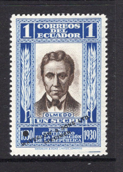 ECUADOR - 1930 - PROOF: 1s deep blue & brown 'Independence Centenary' issue WATERLOW COLOUR TRIAL in unissued colours, perforated on ungummed paper with hole punch & 'Waterlow & Sons Ltd SPECIMEN' overprint in black. (As SG 482)  (ECU/38441)