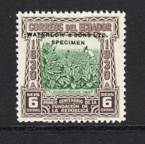 ECUADOR - 1930 - PROOF: 6c brown & green 'Independence Centenary' issue WATERLOW COLOUR TRIAL in unissued colours, perforated on ungummed paper with hole punch & 'Waterlow & Sons Ltd SPECIMEN' overprint in black. (As SG 476)  (ECU/38442)