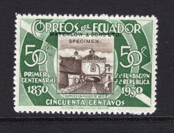 ECUADOR - 1930 - PROOF: 50c green & brown 'Independence Centenary' issue WATERLOW COLOUR TRIAL in unissued colours, perforated on ungummed paper with hole punch & 'Waterlow & Sons Ltd SPECIMEN' overprint in black. (As SG 481)  (ECU/38443)