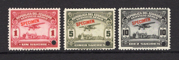 ECUADOR - 1930 - AIRMAIL & SPECIMENS: 1s carmine, 5s bronze green and 10s black AIR issue the set of three each stamp with 'SPECIMEN' overprint in red and small hole punch. Ex ABNCo. archive. (SG 467/469)  (ECU/38515)