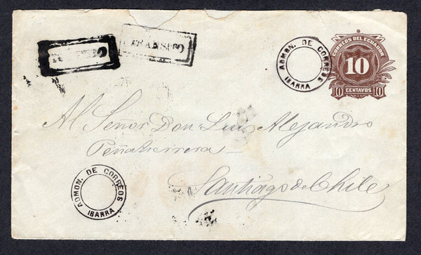 ECUADOR - 1897 - POSTAL STATIONERY & CANCELLATION: 10c brown on greyish postal stationery envelope (H&G 15) used with two strikes of undated circular ADMON DE CORREOS IBARRA cancels in black. Addressed to CHILE with two strikes of boxed 'TRANSITO' marking at top left and CHILE arrival marks on reverse. Cover is repaired at top.  (ECU/39068)