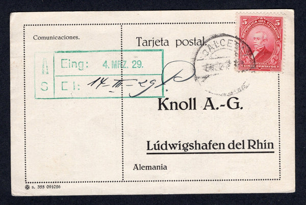 ECUADOR - 1929 - CANCELLATION: Commercial postcard franked with 1925 5c carmine (SG 415) tied by good strike of CALCETA cds. Addressed to GERMANY with company boxed arrival mark on front.  (ECU/39073)