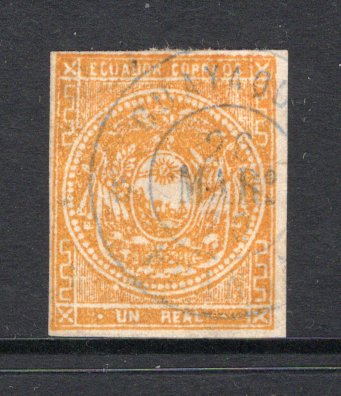 ECUADOR - 1865 - CLASSIC ISSUES: 1r orange yellow on white wove paper, intermediate impression, a fine four margin lightly used copy with GUAYAQUIL cds in blue dated 26 MAR 1870. (SG 2d)  (ECU/39101)