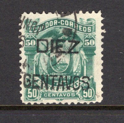ECUADOR - 1883 - PROVISIONAL ISSUE: 'DIEZ CENTAVOS' on 50c green 'Provisional Surcharge' issue a fine cds used copy. (SG 19)  (ECU/39359)
