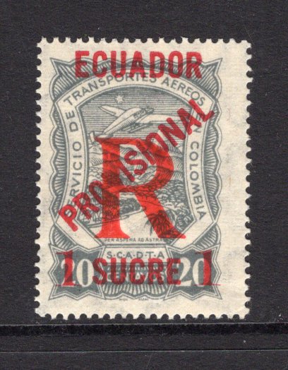 ECUADOR - 1928 - SCADTA: 1s on 20c grey SCADTA 'PROVISIONAL' overprint issue with large 'R' registration overprint in red, a fine mint copy. (SG R7)  (ECU/39458)