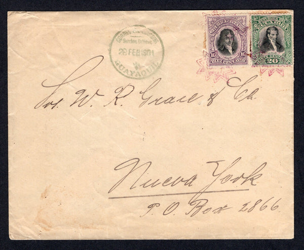 ECUADOR - 1901 - CANCELLATION: Cover with 'Jorge Ruperti MANTA Ecuador' imprint on flap franked with 1899 10c black & lilac and 20c black & green 'Waterlow' issue (SG 196/197) tied by multiple strikes of the 'P.I.' Starburst cancel in red. Addressed to USA with GUAYAQUIL transit cds in green dated 28 FEB 1901 on front and USA arrival cds on reverse.  (ECU/39530)