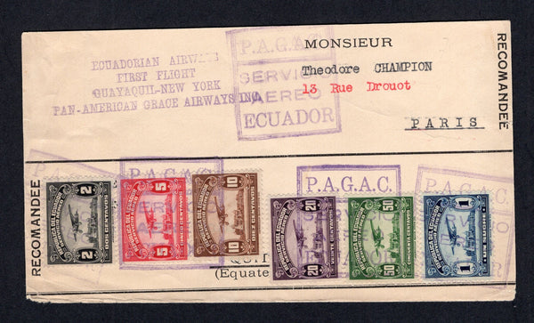 ECUADOR - 1929 - FIRST FLIGHT: 8th May cover franked 1929 2c, 5c, 10c, 20c, 50c & 1s 'Air' issue (SG 458/463) tied by boxed P.A.G.A.C. SERVICIO AEREO ECUADOR cancels. Addressed to FRANCE flown on the GUAYAQUIL - NEW YORK first flight with 'Ecuadorian Airways First Flight Guayaquil - New York Pan - American Grace Airways Inc' cachet. Legacion de Bolivia Quito cachet on reverse along with CRISTOBAL C.Z. transit cds. (Muller #18 rated 500pts)  (ECU/396)