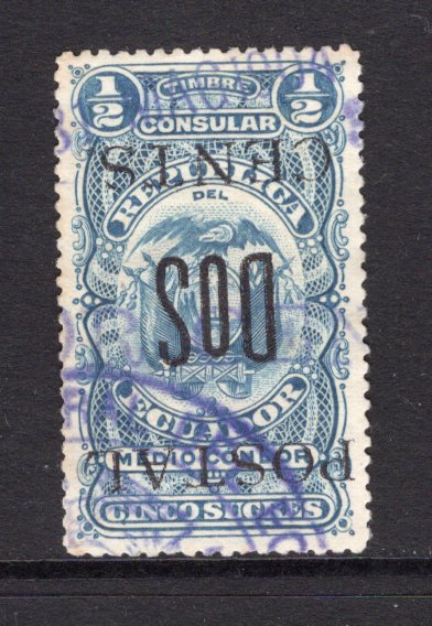 ECUADOR - 1912 - VARIETY: 2c on 5s blue 'Surcharge' issue on CONSULAR REVENUES, a fine used copy with variety OVERPRINT INVERTED. (SG 364 variety)  (ECU/39711)