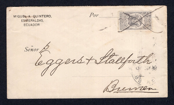 ECUADOR - 1898 - POSTAL FISCAL: Cover from ESMERALDAS with printed 'Miguel A Quintero, Esmeraldas, Ecuador' return address at top left franked with single 1898 10c grey REVENUE issue dated '1897-1898' (SG F53) tied by large manuscript 'X' cancel. Addressed to GERMANY with TRANSITO TARDE PANAMA transit cds and German arrival cds dated 17 FEB 1898 on reverse. Nice early use of the postal fiscal issue.  (ECU/39782)