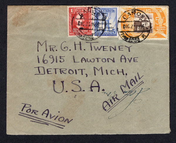 ECUADOR - 1936 - CANCELLATION: Cover franked with 1930 50c sepia & orange yellow, 1936 1s scarlet and 1936 5c on 3c ultramarine TAX issue (SG 481, 523 & 539) all tied by tow fine strikes of CANOS '25' cds dated DIC 23 1936. Sent airmail to USA with GUAYAQUIL transit cds on reverse.  (ECU/40042)