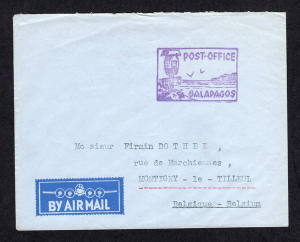 ECUADOR - 1951 - GALAPAGOS ISLANDS: Stampless airmail cover with superb strike of the boxed POST OFFICE GALAPGOS 'Barrel Mail' cachet in purple on front with contemporary text on reverse explaining the cachet being stamped by Margaret Wittner on Isla Floreana and dated Dec 1951. Addressed to BELGIUM.  (ECU/40406)