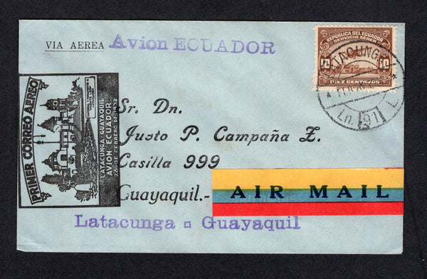 ECUADOR - 1932 - FIRST FLIGHT: Airmail cover franked with single 1929 10c brown AIR issue (SG 460) tied by LATACUNGA cds dated FEB 28 1932 with multicoloured airmail label alongside. Flown on the Latacunga - Guayaquil first flight with illustrated first flight cachet in black and 'Avion Ecuador' & 'Latacunga - Guayaquil' handstamps in violet all on front. Addressed to GUAYAQUIL with arrival cds on reverse. A scarcer flight. (Muller #88, 352 covers flown)  (ECU/40450)