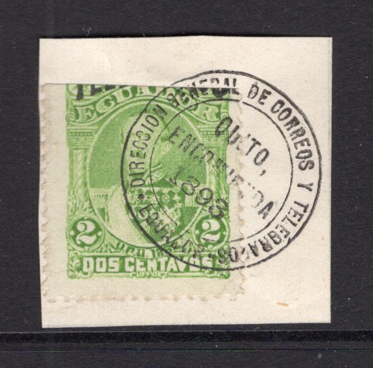 ECUADOR - 1893 - POSTAL TELEGRAPH: 2c yellow green 'Seebeck' issue with 'Telegrafos' overprint cut off at top used postally during stamp shortage tied on small piece by fine QUITO ENCOMIENDA cds dated 1893. Unusual. (Hiscocks #2)  (ECU/4061)