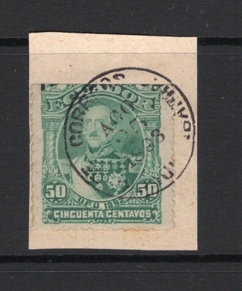 ECUADOR - 1893 - POSTAL TELEGRAPH: 50c bluish green 'Seebeck' issue with 'Telegrafos' overprint cut off at top used postally during stamp shortage tied on small piece by fine IBARRA cds dated AGO 25 1893. Unusual. (Barefoot #6)  (ECU/4066)