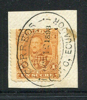 ECUADOR - 1893 - POSTAL TELEGRAPH: 1s orange brown 'Seebeck' issue with 'Telegrafos' overprint cut off at top used postally during stamp shortage tied on small piece by fine oval CORREOS QUITO cancel dated OCT 12 1893. Unusual. (Hiscocks #7)  (ECU/4067)