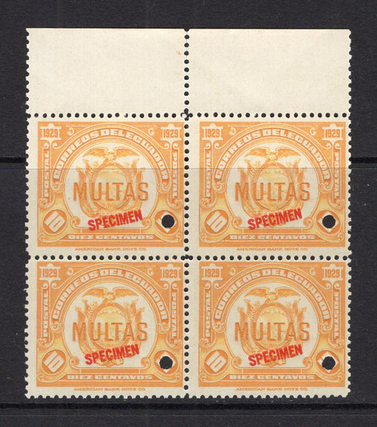 ECUADOR - 1929 - POSTAGE DUE & SPECIMENS: 10c yellow 'Multas' POSTAGE DUE issue, a fine marginal block of four, each stamp with red 'SPECIMEN' opt and small hole punch. Ex ABNCo. archive. (SG D467)  (ECU/40930)
