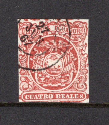 ECUADOR - 1865 - CLASSIC ISSUES: 4r dull rose, a very fine used copy with part GUAYAQUIL cds dated 27 JUN 1867. Margins tight to touching as is usual with this issue. Very scarce. (SG 4)  (ECU/41099)