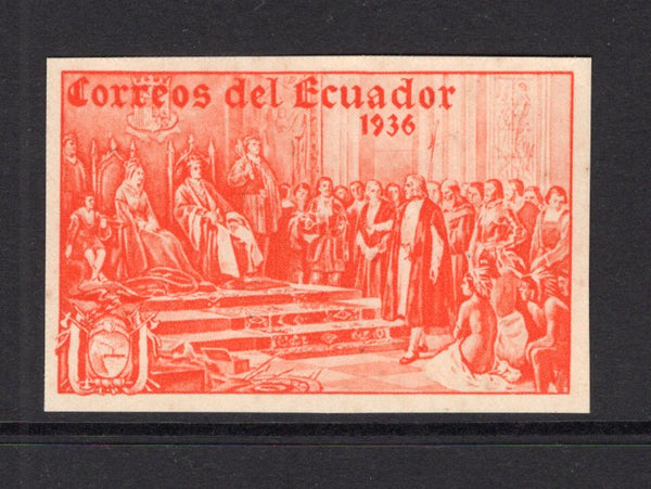 ECUADOR - 1936 - UNISSUED & PROOF: 10c orange '444th Anniversary of Columbus's Discovery of America' issue, prepared for use but UNISSUED. A fine IMPERF PROOF on thin paper without value. (See Bertossa Page 34)  (ECU/41119)