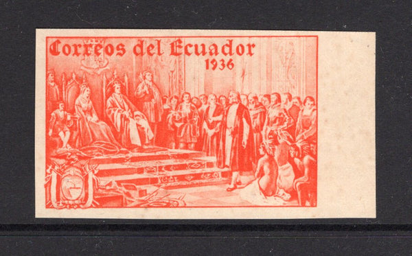 ECUADOR - 1936 - UNISSUED & PROOF: 10c orange '444th Anniversary of Columbus's Discovery of America' issue, prepared for use but UNISSUED. A fine IMPERF PROOF on thin paper without value. (See Bertossa Page 34)  (ECU/41120)