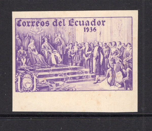 ECUADOR - 1936 - UNISSUED & PROOF: 2s violet '444th Anniversary of Columbus's Discovery of America' issue, prepared for use but UNISSUED. A fine IMPERF PROOF on thin paper without value. (See Bertossa Page 34)  (ECU/41121)