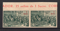 ECUADOR - 1936 - UNISSUED & VARIETY: 1s deep green & red '444th Anniversary of Columbus's Discovery of America' issue, prepared for use but UNISSUED. A fine top marginal IMPERF PAIR mint with toned gum with part marginal inscription. (See Bertossa Page 34)  (ECU/41125)