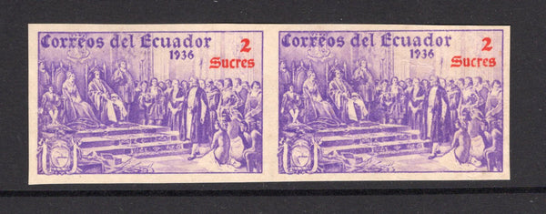 ECUADOR - 1936 - UNISSUED & VARIETY: 2s violet & red '444th Anniversary of Columbus's Discovery of America' issue, prepared for use but UNISSUED. A fine IMPERF PAIR unused  without gum. (See Bertossa Page 34)  (ECU/41126)