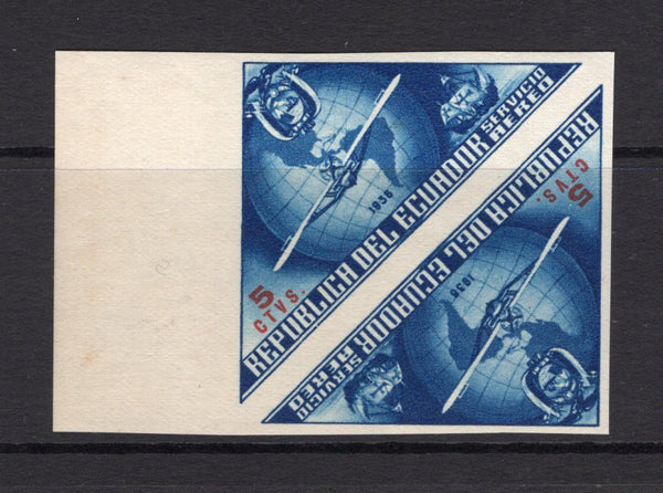 ECUADOR - 1936 - UNISSUED & VARIETY: 5c blue & red '444th Anniversary of Columbus's Discovery of America' TRIANGULAR issue, prepared for use but UNISSUED. A fine mint IMPERF PAIR. (See Bertossa Page 34)  (ECU/41127)