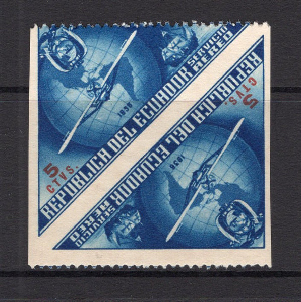 ECUADOR - 1936 - UNISSUED & VARIETY: 5c blue & red '444th Anniversary of Columbus's Discovery of America' TRIANGULAR issue, prepared for use but UNISSUED. A fine mint IMPERF BETWEEN PAIR. (See Bertossa Page 34)  (ECU/41128)