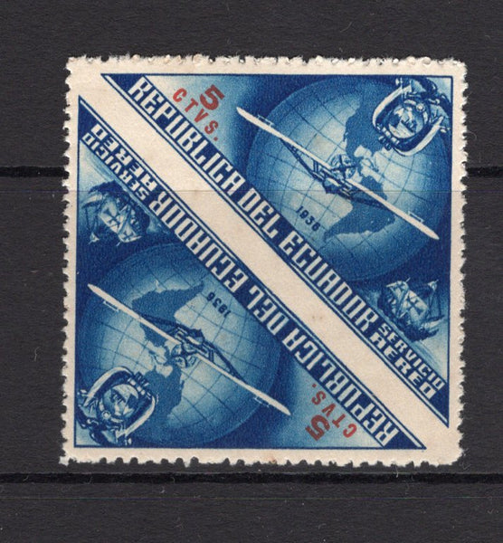 ECUADOR - 1936 - UNISSUED & VARIETY: 5c blue & red '444th Anniversary of Columbus's Discovery of America' TRIANGULAR issue, prepared for use but UNISSUED. A fine mint IMPERF BETWEEN PAIR. (See Bertossa Page 34)  (ECU/41129)