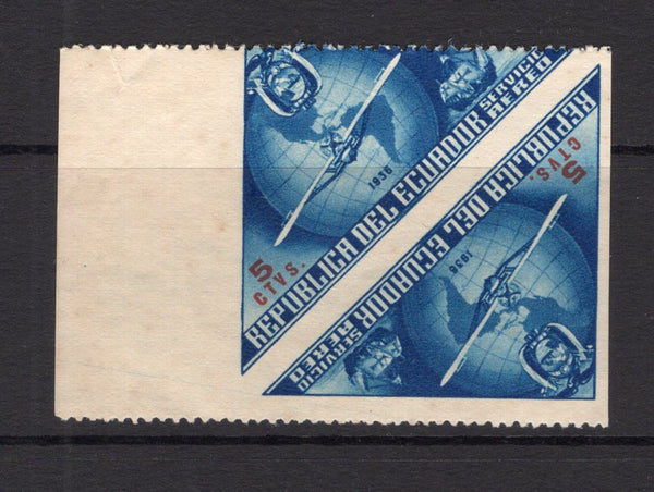 ECUADOR - 1936 - UNISSUED & VARIETY: 5c blue & red '444th Anniversary of Columbus's Discovery of America' TRIANGULAR issue, prepared for use but UNISSUED. A fine mint IMPERF BETWEEN PAIR. (See Bertossa Page 34)  (ECU/41130)