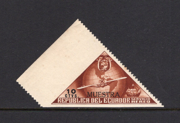 ECUADOR - 1936 - UNISSUED & SPECIMEN: 10c brown & black '444th Anniversary of Columbus's Discovery of America' TRIANGULAR issue, prepared for use but UNISSUED. A fine mint copy with 'MUESTRA' (Specimen) overprint and also IMPERF BETWEEN STAMP AND MARGIN. (See Bertossa Page 34)  (ECU/41134)