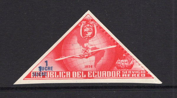 ECUADOR - 1936 - UNISSUED & VARIETY: 1s red & blue '444th Anniversary of Columbus's Discovery of America' TRIANGULAR issue, prepared for use but UNISSUED. A fine unused copy partially imperf with variety '1 SUCRE' VALUE PRINTED DOUBLE. (See Bertossa Page 34)  (ECU/41135)