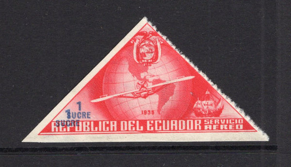 ECUADOR - 1936 - UNISSUED & VARIETY: 1s red & blue '444th Anniversary of Columbus's Discovery of America' TRIANGULAR issue, prepared for use but UNISSUED. A fine unused copy partially imperf with variety '1 SUCRE' VALUE PRINTED DOUBLE. (See Bertossa Page 34)  (ECU/41136)
