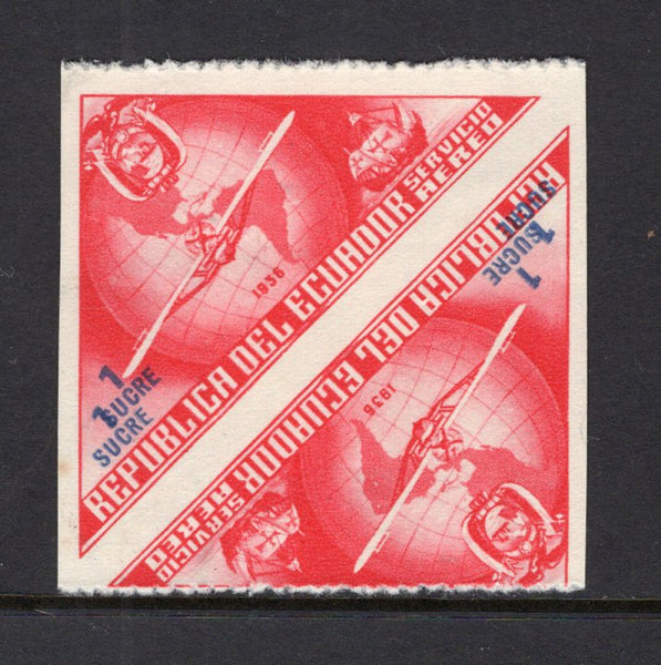 ECUADOR - 1936 - UNISSUED & VARIETY: 1s red & blue '444th Anniversary of Columbus's Discovery of America' TRIANGULAR issue, prepared for use but UNISSUED. A fine unused IMPERF BETWEEN PAIR with variety '1 SUCRE' VALUE PRINTED DOUBLE. (See Bertossa Page 34)  (ECU/41137)
