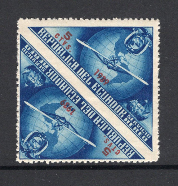 ECUADOR - 1939 - UNISSUED & VARIETY: 5c blue & red '447th Anniversary of Columbus's Discovery of America' TRIANGULAR issue with '1939' overprint, prepared for use but UNISSUED. A fine mint IMPERF BETWEEN PAIR. (Bertossa #XLIII.1 variety)  (ECU/41140)