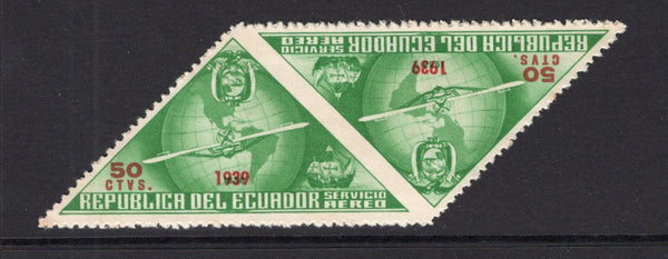ECUADOR - 1939 - UNISSUED & VARIETY: 50c yellow green & red '447th Anniversary of Columbus's Discovery of America' TRIANGULAR issue with '1939' overprint, prepared for use but UNISSUED. A fine mint IMPERF BETWEEN PAIR. (Bertossa #XLV variety)  (ECU/41143)