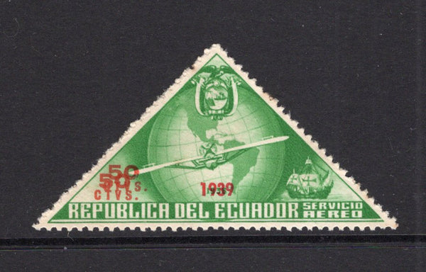 ECUADOR - 1939 - UNISSUED & VARIETY: 50c yellow green & red '447th Anniversary of Columbus's Discovery of America' TRIANGULAR issue with '1939' overprint, prepared for use but UNISSUED. A fine mint copy with variety '50 CTVS.' VALUE PRINTED DOUBLE. (Bertossa #XLV variety)  (ECU/41144)