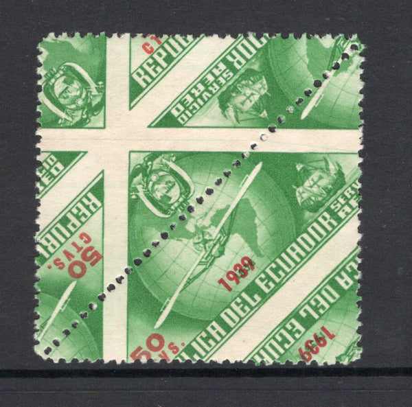 ECUADOR - 1939 - UNISSUED & VARIETY: 50c yellow green & red '447th Anniversary of Columbus's Discovery of America' TRIANGULAR issue with '1939' overprint, prepared for use but UNISSUED. A fine mint IMPERF BETWEEN PAIR mis-perforated diagonally and showing portions of seven different stamps. (Bertossa #XLV variety)  (ECU/41145)