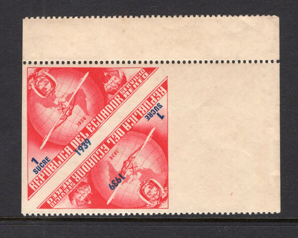 ECUADOR - 1939 - UNISSUED & VARIETY: 1s red & blue '447th Anniversary of Columbus's Discovery of America' TRIANGULAR issue with '1939' overprint, prepared for use but UNISSUED. A fine mint IMPERF BETWEEN PAIR also showinhg misalignment of the '1939' overprint. (Bertossa #XLVI variety)  (ECU/41146)