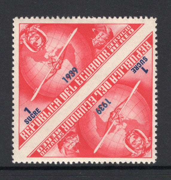 ECUADOR - 1939 - UNISSUED & VARIETY: 1s red & blue '447th Anniversary of Columbus's Discovery of America' TRIANGULAR issue with '1939' overprint, prepared for use but UNISSUED. A fine mint IMPERF BETWEEN PAIR. (Bertossa #XLVI variety)  (ECU/41147)