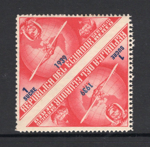 ECUADOR - 1939 - UNISSUED & VARIETY: 1s red & blue '447th Anniversary of Columbus's Discovery of America' TRIANGULAR issue with '1939' overprint, prepared for use but UNISSUED. A fine mint IMPERF BETWEEN PAIR. (Bertossa #XLVI variety)  (ECU/41149)
