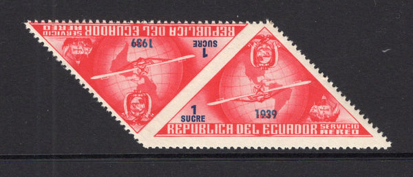 ECUADOR - 1939 - UNISSUED & VARIETY: 1s red & blue '447th Anniversary of Columbus's Discovery of America' TRIANGULAR issue with '1939' overprint, prepared for use but UNISSUED. A fine mint IMPERF BETWEEN PAIR. (Bertossa #XLVI variety)  (ECU/41150)
