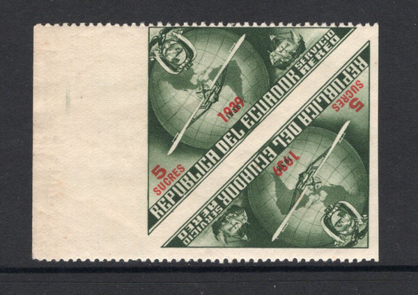 ECUADOR - 1939 - UNISSUED & VARIETY: 5s deep green & red '447th Anniversary of Columbus's Discovery of America' TRIANGULAR issue with '1939' overprint, prepared for use but UNISSUED. A fine mint IMPERF BETWEEN PAIR. (Bertossa #XLVII variety)  (ECU/41152)