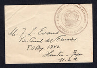 ECUADOR - 1933 - OFFICIAL MAIL: Small stampless 'Official' cover with good strike of large circular 'MINISTERIO DE RELACIONES EXTERIORES REPUBLICA DE ECUADOR' Official 'Arms' cachet on front and QUITO despatch cds dated DIC 28 1933 on reverse. Addressed to USA. Unusual as the overseas part of the postage would still needed to have been paid.  (ECU/41168)