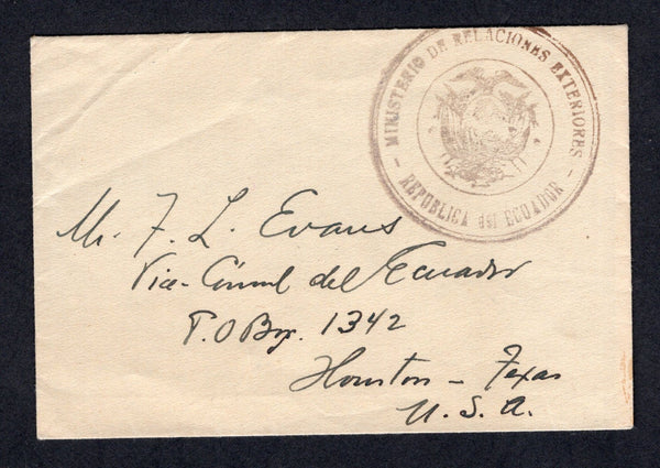 ECUADOR - 1933 - OFFICIAL MAIL: Small stampless 'Official' cover with good strike of large circular 'MINISTERIO DE RELACIONES EXTERIORES REPUBLICA DE ECUADOR' Official 'Arms' cachet on front and QUITO despatch cds dated DIC 28 1933 on reverse. Addressed to USA. Unusual as the overseas part of the postage would still needed to have been paid.  (ECU/41168)