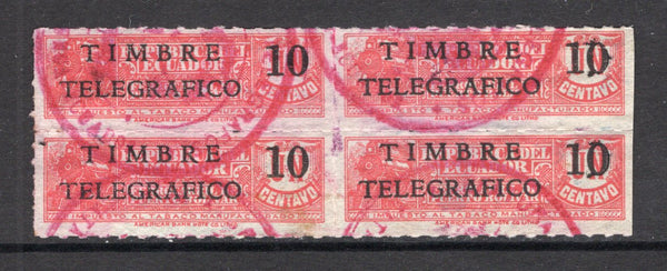 ECUADOR - 1938 - TELEGRAPHS: 10c on 1c red 'Ferrocarril de Puerto Bolivar' TRAIN Tobacco Revenue with TIMBRE TELEGRAFICO overprint in black, a fine used block of four with red cancels. (Hiscocks #107)  (ECU/4116)