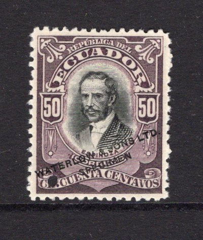 ECUADOR - 1907 - PROOF: 50c 'Espinoza' issue WATERLOW COLOUR TRIAL in black & purple perforated on ungummed paper with hole punch & 'Waterlow & Sons Ltd SPECIMEN' overprint in black. (SG 329)  (ECU/4121)