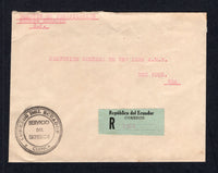 ECUADOR - 1935 - OFFICIAL MAIL: Circa 1935. Stampless official cover with typed 'BOLETIN DE VERIFICACION, CUENCA, ECUADOR' at top with undated circular 'CORREOS DEL ECUADOR SERVICIO DEL EXTERIOR CUENCA' marking in black on front & reverse with printed black on green registration label alongside. Addressed to USA.  (ECU/41393)