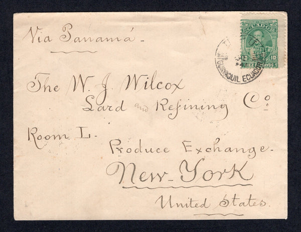 ECUADOR - 1892 - SEEBECK ISSUE: Cover franked with single 1892 10c green 'Seebeck' issue (SG37) tied by GUAYAQUIL cds dated OCT 1892. Addressed to USA with transit & arrival cds's on reverse. Attractive.  (ECU/41552)